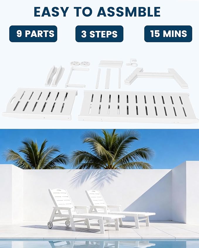 FOOWIN Chaise Lounge Chair,HDPE Lounge Chair Outdoor with 5 Positions,Oversized Pool Lounge Chairs with Rolling Wheels & Cup Holder for Poolside Deck Backyard,White