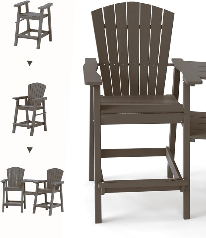 Tall Adirondack Chairs Set of 2, HDPE Outdoor Adirondack Chairs with Double Connecting Tray, Bar Height High Back Patio Chairs for Balcony, Deck, Backyard (Grey)