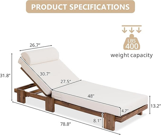 Merax 2 Piece 78.8'' Outdoor Patio Chaise Lounge Chair, Acacia Wood Adjustable Recliner with Headrest and Retractable Side Tray, Perfect for Terrace, Poolside, Garden, and Beach, Beige