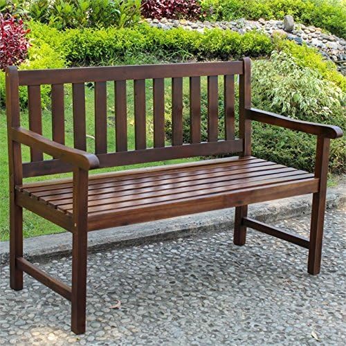 Pemberly Row Outdoor Patio Garden Bench, 48 in Wide Acacia Hardwood, Brown Finish, UV-Resistant, All-Weather Design, High Back and Deep Seating, Comfortable Bench for Patio, Garden, or Poolside Use