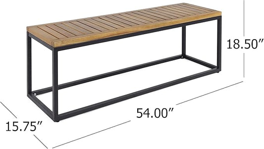 Merax 57 Inch Outdoor Garden Bench, Iron Metal Frame Patio Park Bench with Teak Finish & Slat Seat, Outside Backless Wooden Bench for Front Porch Path Yard Lawn Backyard for 3 Person Seat