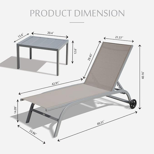 Domi Chaise Lounge Outdoor Set of 3, Lounge Chairs for Outside with Wheels, Outdoor Lounge Chaise with 5 Adjustable Position, Pool Lounge Chairs for Patio, Beach, Yard, Deck, Poolside, Khaki
