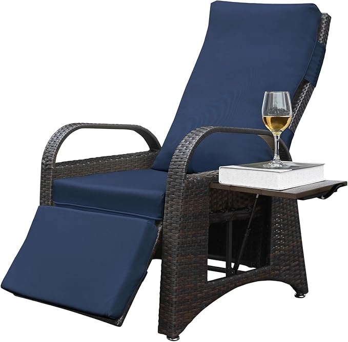 ATR ART TO REAL Outdoor Recliner Chairs, PE Wicker Reclining Lounge Chair with Removable Soft Cushion, Adjustable Outside Recliners for Patio, Porch, Poolside, Balcony, Lawn (Navy Blue, 1 PC)
