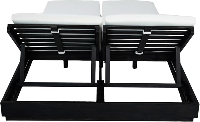 Christopher Knight Home Toridan Double Chaise Lounge Outdoor with Cushion, Acacia Wood Patio Chaise Lounge Set of 2, Adjustable Backrest Poolside Sun Lounger, Wood Sunbathing Chair, Black+White