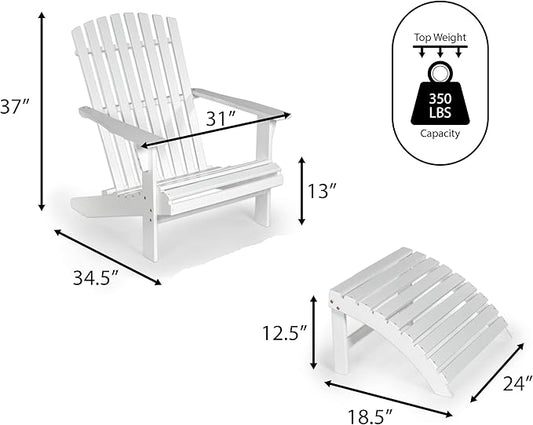 Eyely KDA1000D Zalenor 2-Piece Traditional Rustic Acacia Wood Adirondack Chair with Detachable Ottoman, White