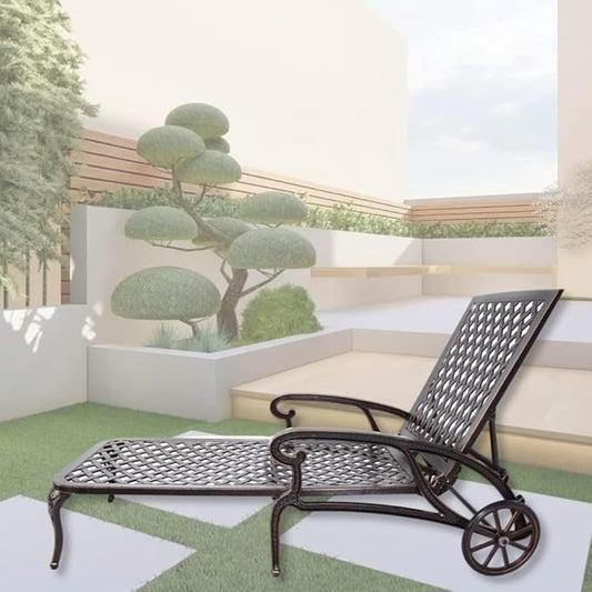 Chaise Outdoor Aluminum Lounge Chair with Wheels, 3-Position Adjustable Recliner Furniture Set for Poolside, Backyard and Patio (1pc, Antique Bronze)