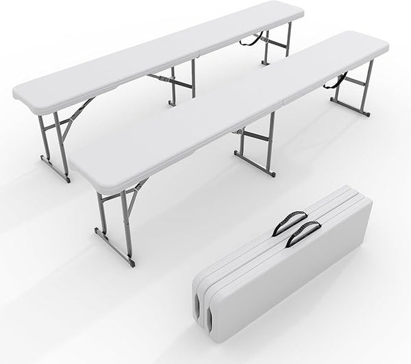 6FT Folding Bench – 2 Pack Plastic Portable Indoor Outdoor Bench Garden Bench with Carrying Handle and Lock – Perfect for Events, Camping, Picnics, Parties, Dining, White