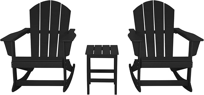 WO WESTIN OUTDOOR HDPE Laguna Outdoor Rocking Poly Adirondack Chair with Side Table 3-Piece Set, Black