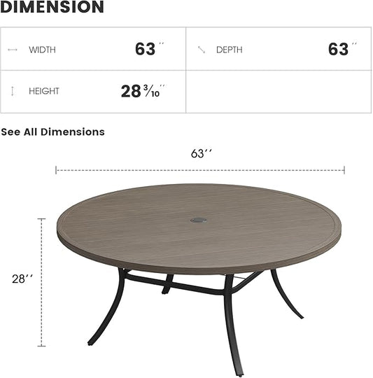 Patio Dining Table for 8-10, Round Metal Outdoor Table with 1.57" Umbrella Hole, 63" Outdoor Slat Tabletop Dining Table for Backyard, Porch, Lawn, Grey