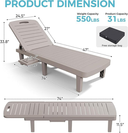 Outdoor Chaise Lounge Set of 6, 5-Position Adjustable Sun Lounge w/Pull-Out Tray, Waterproof PP Lounge Chairs for Outside, Lounge Chairs for Poolside, Patio, Beach, Yard in All Weather,Grey