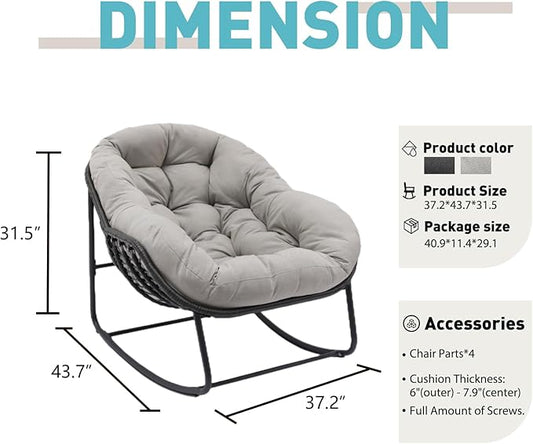 Indoor & Outdoor Rocking Chair, Oversized Rattan Royal Rocking Chair with Padded Cushion, Rocker Egg Chair for Living Room, Patio, Front Porch, Backyard, Grey