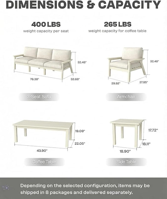 HDPE Patio Furniture Set 8 Seats, Outdoor Couch with Washable Thick Beige Cushions & Side Table, Outdoor Sectional Furniture for Backyard, Deck, Lawn, Porch (White Frame)