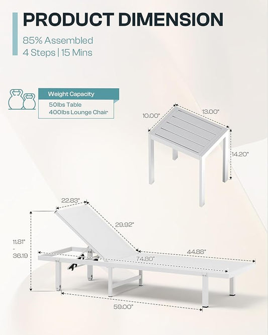 Aluminum Outdoor Lounge Chairs Set of 2, Pool Lounge Chairs with Wheels and 5-Position Recliner -Easy to Move- Patio Chaise Lounge Outdoor for Poolside, Deck, Beach (White)
