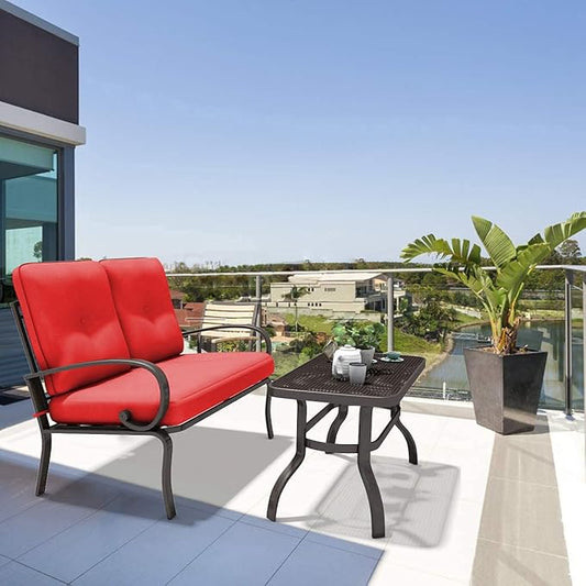 DORTALA 2-Piece Patio Furniture Set, Outdoor Indoor Loveseat and Coffee Table Set, Outdoor Sofa Metal Garden Bench with Soft Cushions, for Balcony, Lawn,Porch, Poolside, Red
