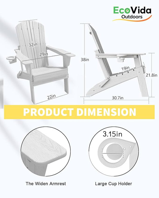 3-Piece Folding Adirondack Chair Set - 38" Extra Tall Back & Embossed Wood Grain, Oversized HDPE Patio Furniture with Side Table & Cup Holders, 380lb Heavy Duty, White