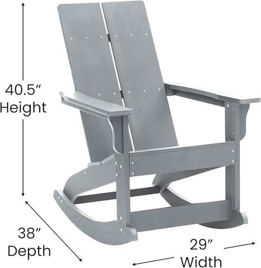 EMMA + OLIVER Harmon Adirondack Rocking Chair - Gray Poly Resin - Suitable for Indoor/Outdoor Use - All Weather Materials - Easy Assembly - 350 lb. Weight Capacity