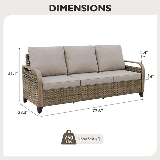 EAGLE PEAK Wicker Outdoor Patio Sofa Modern Rattan Patio Furniture Loveseat for Backyard Deck Porch Balcony, 3 Seat Couch, Brown/Gray