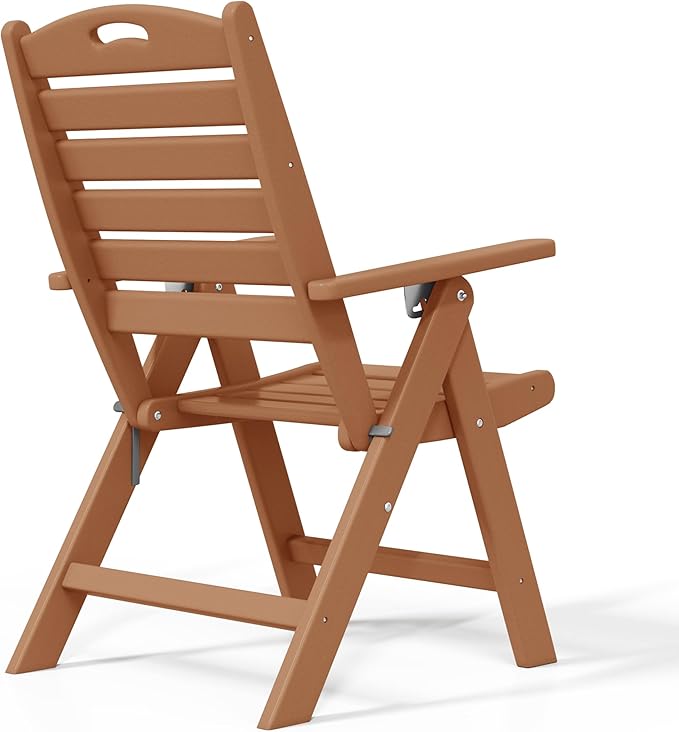 Costaelm Outdoor Adjustable Highback Folding Patio Dining Chair, HDPE Armrest Poly Lumber Restaurant Bistro Dining Chair for Outside Porch Backyard Garden, Teak
