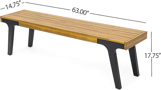 Christopher Knight Home Harpe Outdoor Patio Acacia Wood Dining Bench, Porch Bench for Dining Set, Backyard, Garden, Lawn, Porch,Teak Finish+Black