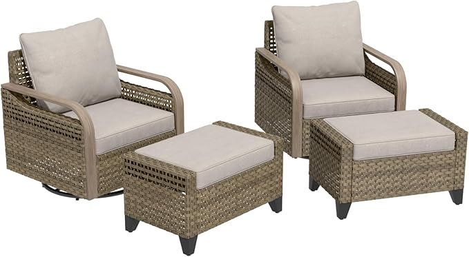 Modern Wicker Outdoor Swivel Rocking Chairs, Rattan Glider Rocker Patio Furniture for Backyard, Deck, Porch, Garden, 2 Chairs 2 Ottomans, Brown/Gray
