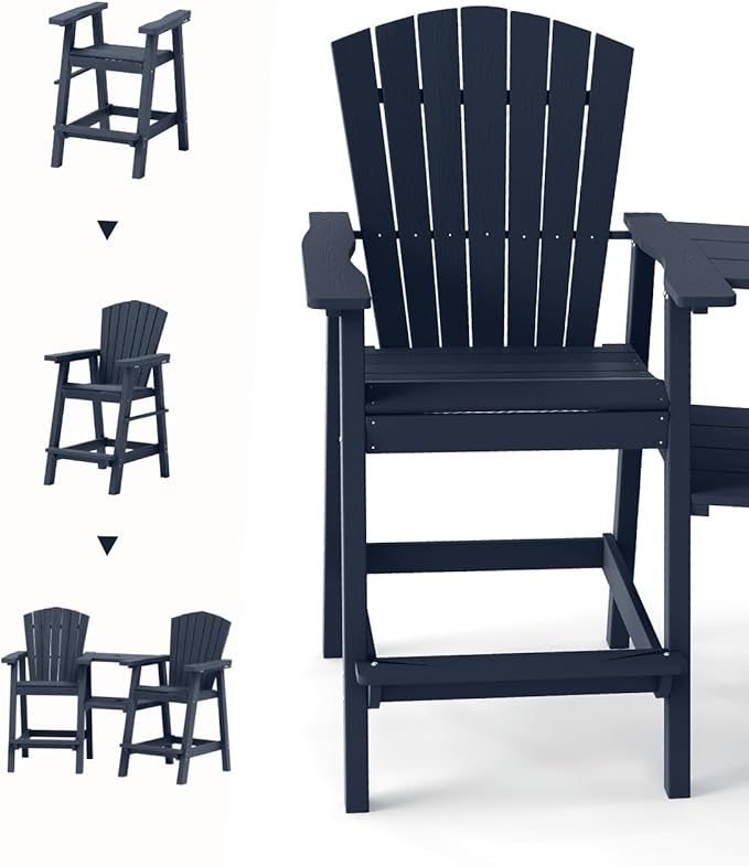 Tall Adirondack Chairs Set of 2, Heavy-Duty Patio Bar Chairs for Deck & Poolside (Dark Blue, 2-PC Bar Chair Set)