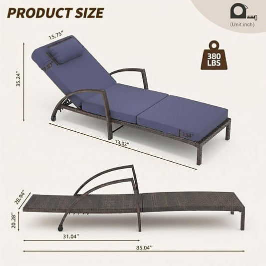 Outdoor Chaise Lounge Set of 2, 5-Position Adjustable PE Wicker Reclining Chairs with Wheels & 3.5" Cushions, 400 lbs Capacity All-Weather Patio Furniture for Poolside, Garden, Beach(Blue)