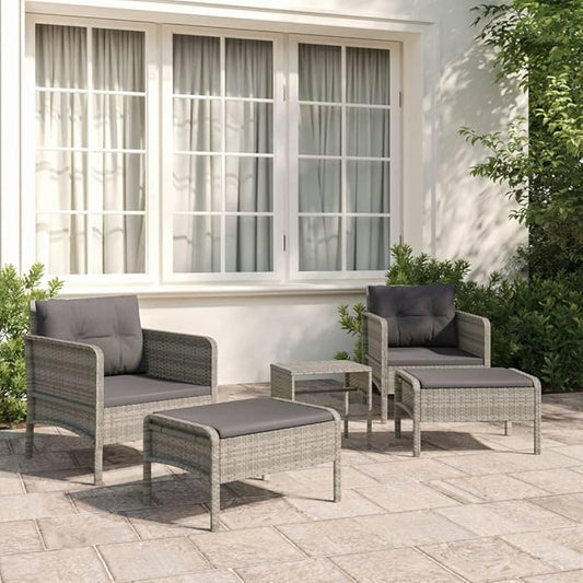 vidaXL 5 Piece Patio Lounge Set - Gray Poly Rattan Outdoor Furniture with Metal Frame, Cushioned Chairs, Stools & Table - Industrial Look for Garden & Terrace