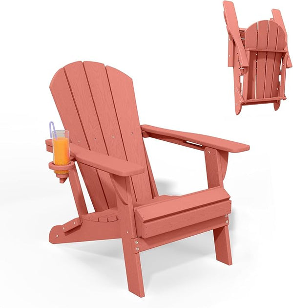 Folding Adirondack Chair with Cup Holders, HDPE Plastic Outdoor Chairs, Weather Resistant, Real Wood Look for Patio - Photo 1