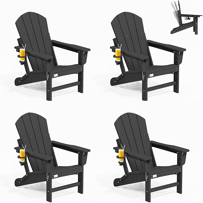 Mdeam 3-Position Adjustable Adirondack Chairs Set of 4, 400LBS Capacity, Cup Holder, Wooden Textured, All-Weather HDPE Folding Fire Pit Outdoor Chairs for Poolside Deck Patio Garden Yard Lawn - Black