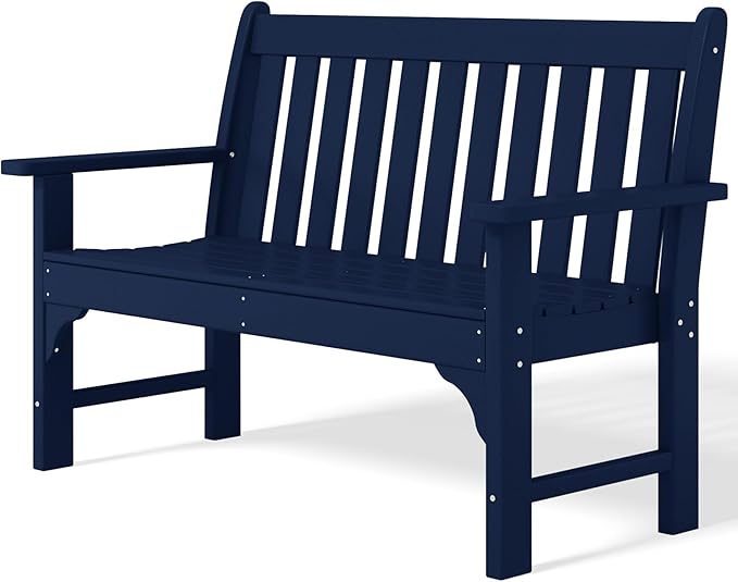 Costaelm Garden Bench, Farmhouse Park Front Porch for Entryway Bench Outdoor Seating Low Bench Patio Bench Outside/Indoor, Navy Blue