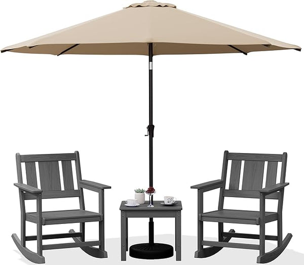 SERWALL Outdoor Rocking Chairs Set of 2 with 1 Side Table & 9ft Patio Umbrella - Photo 1