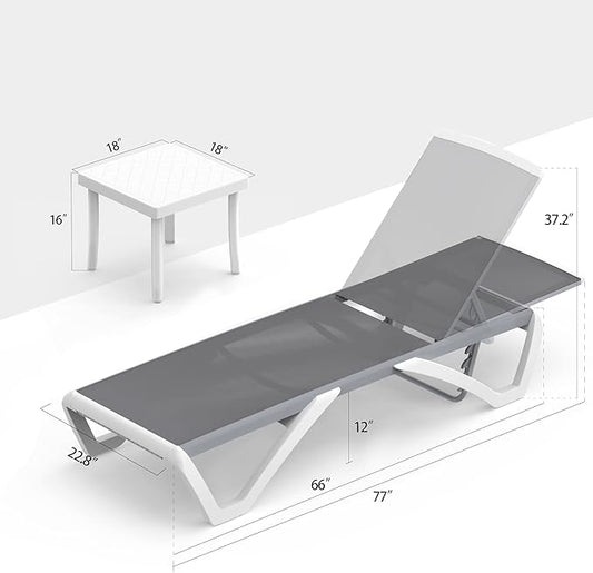 Domi Patio Chaise Lounge Chair Set of 3,Outdoor Aluminum Polypropylene Sunbathing Chair with Adjustable Backrest,Arm,Side Table,for Beach,Yard,Balcony,Poolside(2 Grey Chairs W/Table)