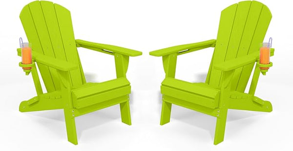 Folding Adirondack Chair with Cup Holders Set of 2, HDPE Plastic Outdoor Chairs, Weather Resistant - Photo 1