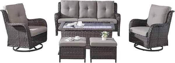 Rilyson Wicker Patio Furniture Set - 6 Piece Rattan Outdoor Sectional Conversation Sets with 2 Swivel Rocking Chairs - Photo 1