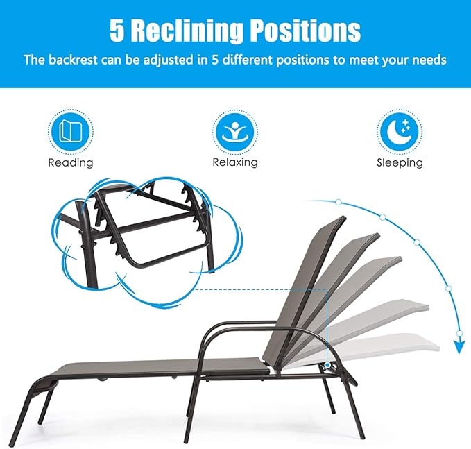 COSTWAY Outdoor Patio Lounge Chair Chaise Fabric Adjustable Reclining Armrest Pool Brown
