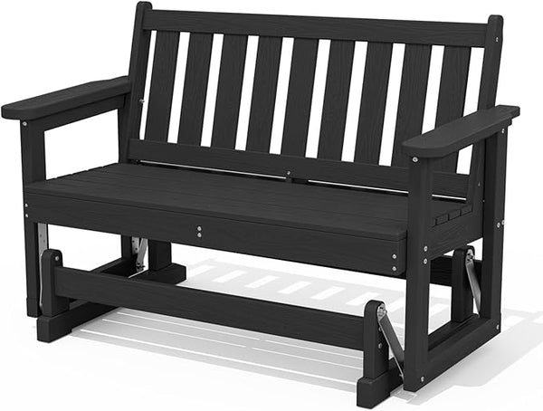 SERWALL 2 Person Patio Glider Bench, HDPE Material Weather-Resistant Swinging Bench for Outdoor Porch Garden, Black - Photo 1