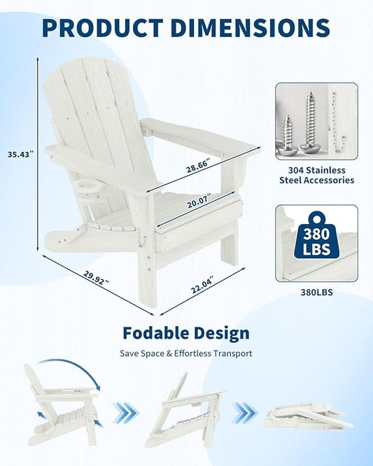 Folding Adirondack Chair Set of 6, All-Weather HDPE Outdoor Chair, Wooden Textured with Cup Holder for patios, Decks, Gardens, fire pits, White
