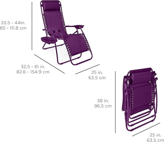 Best Choice Products Set of 2 Adjustable Steel Mesh Zero Gravity Lounge Chair Recliners w/Pillows and Cup Holder Trays - Amethyst