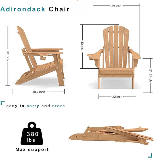 Folding Adirondack Chair Set of 4,Wooden Textured Fire Pit Chair with Cup Holder, Heavy All-Weather HDPE Plastic Outdoor Patio Chairs for Poolside Backyard Patio Outdoor Garden
