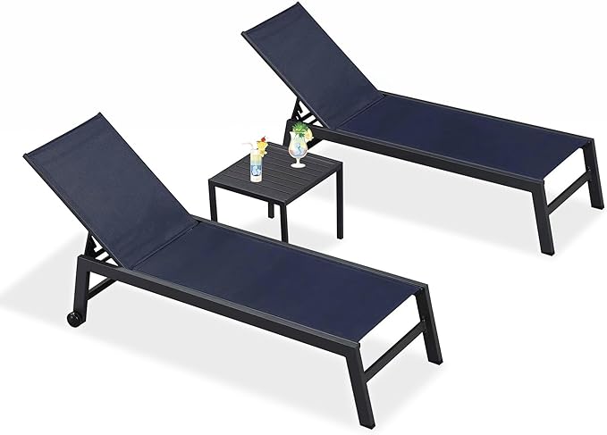 PURPLE LEAF Outdoor Patio Chaise Lounge Set 4 Pieces Pool Lounge Sunbathing Chairs with Wheels Chair for Yard (4 Navy Blue Lounges W/Side Table)