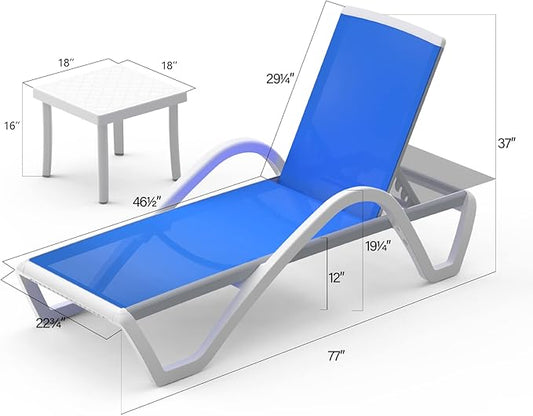 Domi Patio Chaise Lounge Chair Set of 3,Outdoor Aluminum Polypropylene Sunbathing Chair with Adjustable Backrest,Arm,Side Table,for Beach,Yard,Balcony,Poolside(2 Blue Chairs W/Table)