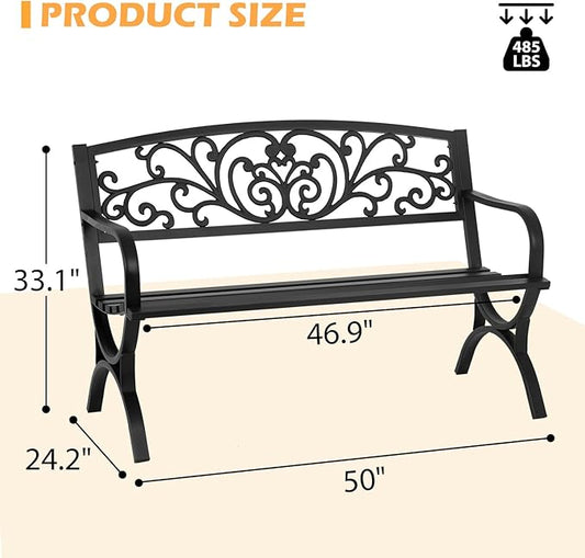 PayLessHere Black Outdoor Metal Loveseat Chairs Patio Garden Bench 50-inch Slatted Seat Armrests Floral Design Plastics Backres Perfect for Park, Yard, Porch, Lawn, Balcony, Backyard