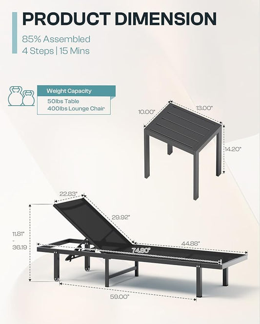 Aluminum Outdoor Lounge Chairs Set of 2, Pool Lounge Chairs with Wheels and 5-Position Recliner -Easy to Move- Patio Chaise Lounge Outdoor for Poolside, Deck, Beach (Black)