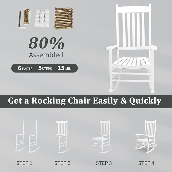 Outvita Outdoor Rocking Chair, Solid Wood High Back Rocker, All Weather Lounge Chair for Porch Patio Fire Pit Garden Backyard Deck Indoor, Wave Shape, White