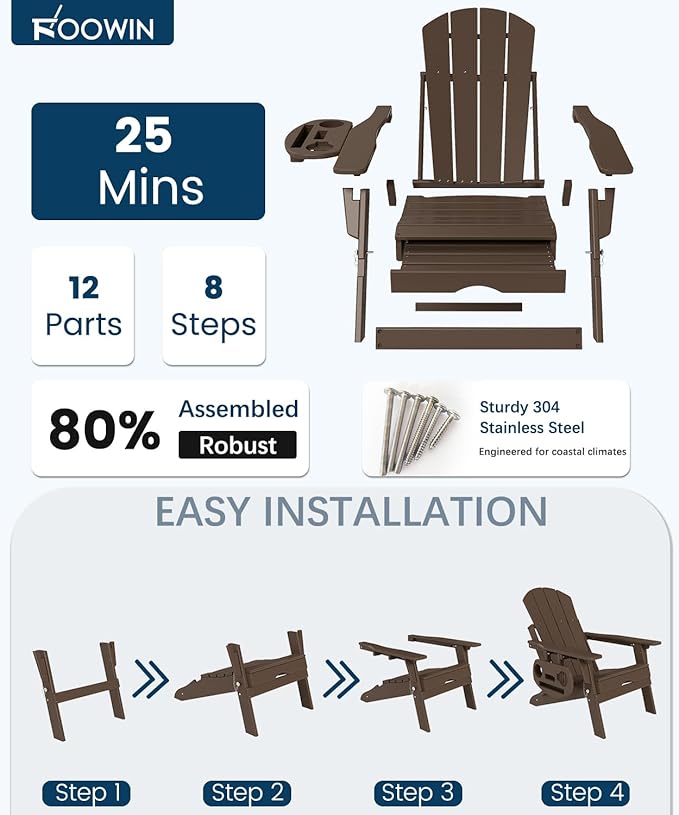 FOOWIN Folding Adjustable Adirondack Chair with Retractable Ottoman Set of 2, HDPE Adirondack Chair w/4 in 1 Cup Holder Trays,All-Weather Resistant Fire Pit Chair for Outdoor Patio Lawn, Coffee