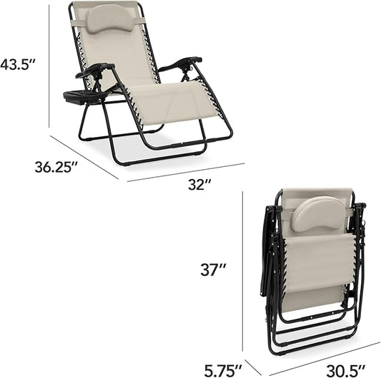 Best Choice Products Oversized Zero Gravity Chair, Folding Outdoor Patio Lounge Recliner w/Cup Holder Accessory Tray, Pillow - Ivory