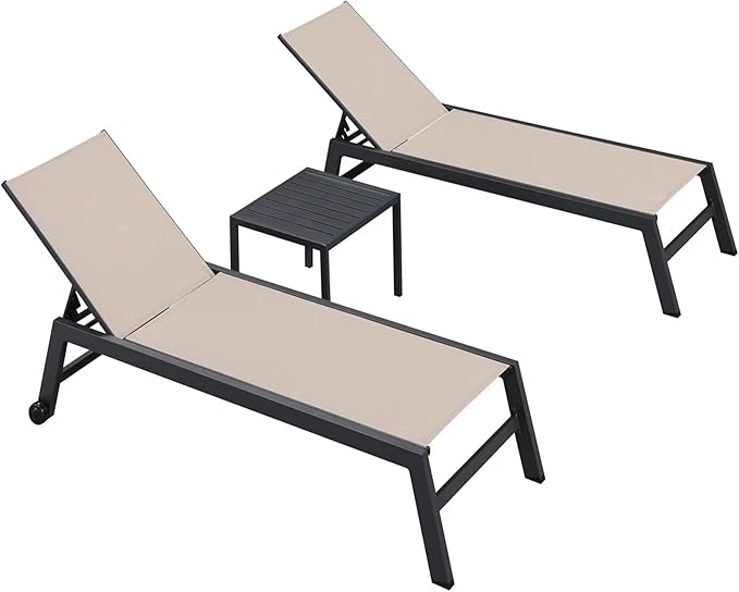 PURPLE LEAF Oversized Outdoor Chaise Lounge Set of 2 with Side Table Extra Wide Adjustable Reclining Chaise with Wheels Heavy Duty Textilene Aluminum Frame for Garden Backyard Beach Beige