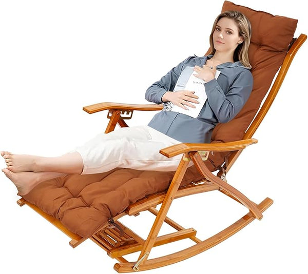 Foldable Bamboo Rocking Chair, Adjustable Back Patio Reclining Chair with Seat Cushion & Foot Massager - Photo 1