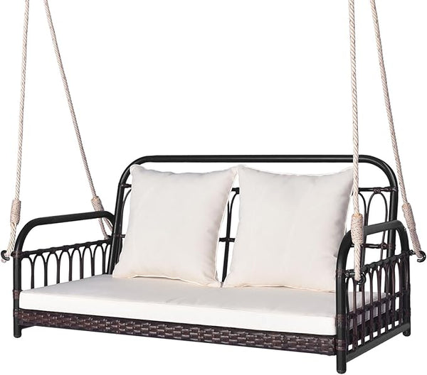 DORTALA 2-Person Porch Swing Outdoor, Patio Wicker Hanging Swing Bench with Cushions, Metal Frame, Ropes - Photo 1