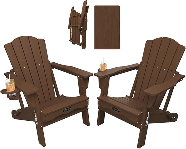 Folding Adirondack Chair Set of 2, HDPE All-Weather Outdoor Chair with Cup Holder, Wooden Textured, Fire Pit Chair - Photo 1
